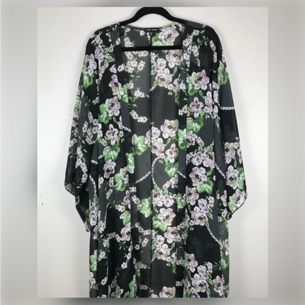 Curvy Sense Black With Pink & Sage Floral Sheer Kimono 2X